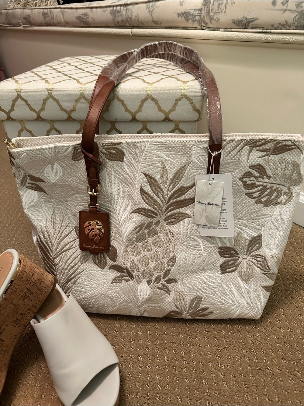 Tommy Bahama White Quilted Pineapple Tote with Brown Handles